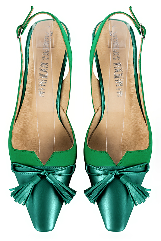 Emerald green women's open back shoes, with a knot. Tapered toe. Medium spool heels. Top view - Florence KOOIJMAN